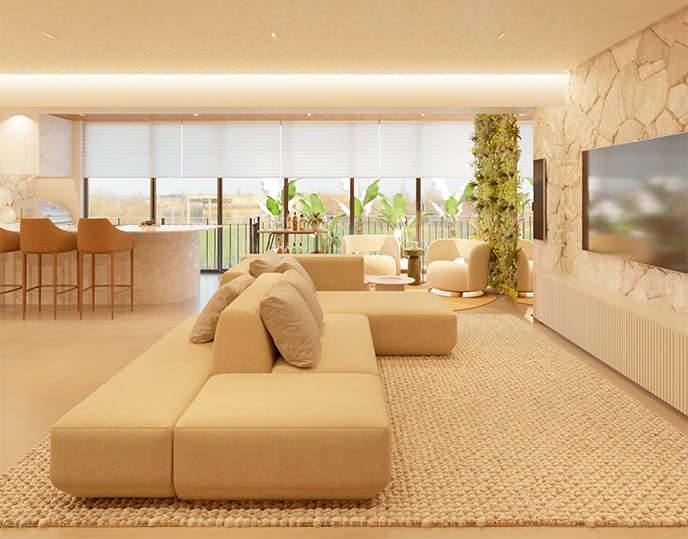Sala de TV integrada em projeto de interiores de alto padrão